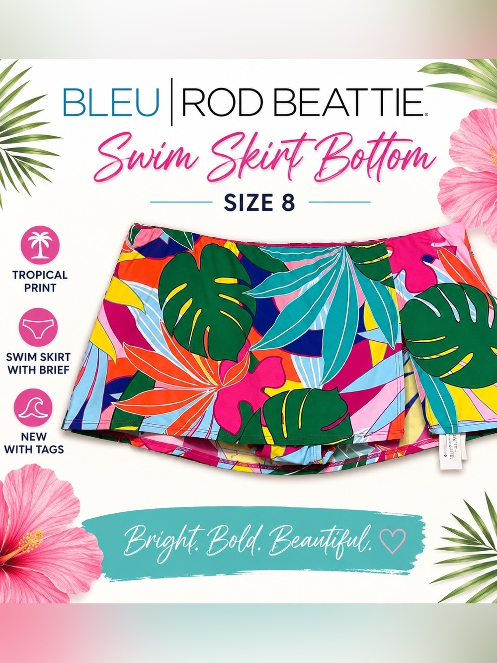 Bleu Rod Beattie Tropical Swim Skirt Bikini Bottom NWT Size 8 Bright Floral